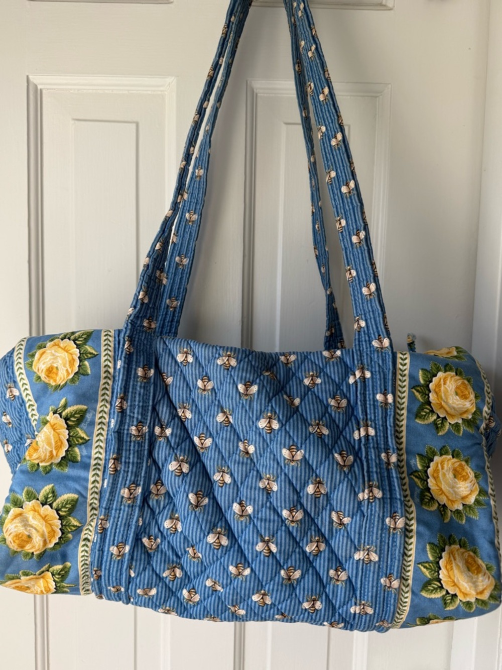 Vera Bradley Blue Quilted Travel Duffel with Yellow Rose & Bees Retired print